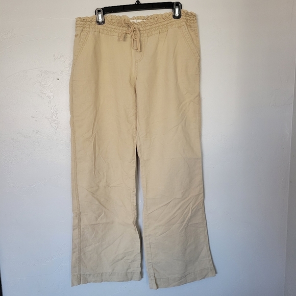 Roxy Large Tan Beige Khaki Linen Pants Lightweight Stretch Waist Casual Pockets - Picture 1 of 6